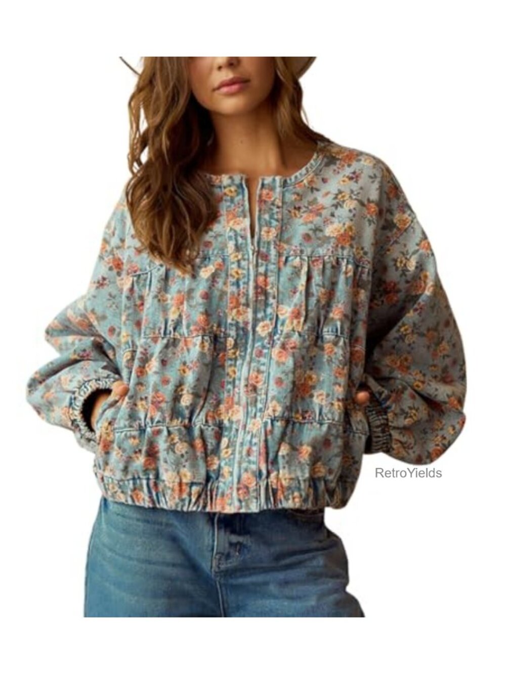 Oversized Floral Denim Jacket Zip Up Casual Bomber